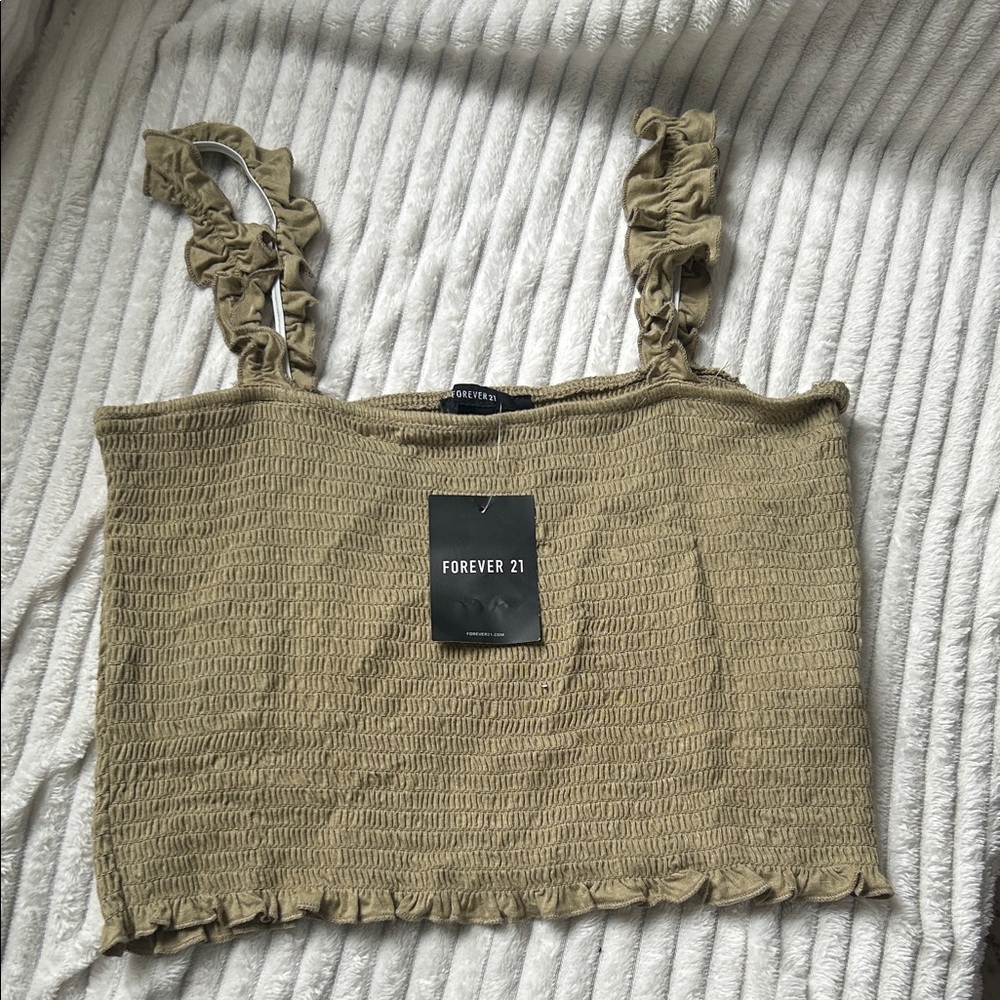 Forever 21 Olive Ruched Strap Smocked Crop Top
